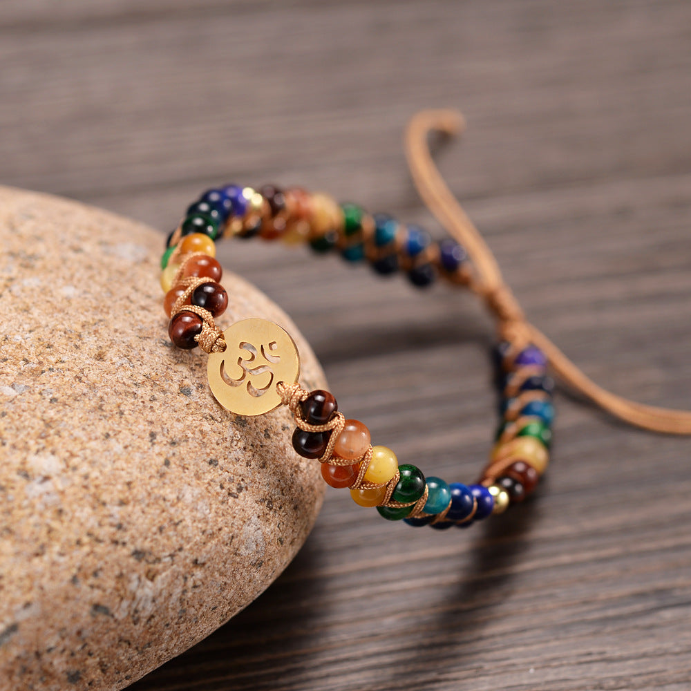 Colorful Tiger Eye Stone OM Bracelet 7 Chakra Meditation Yoga Spirituality Bracelet