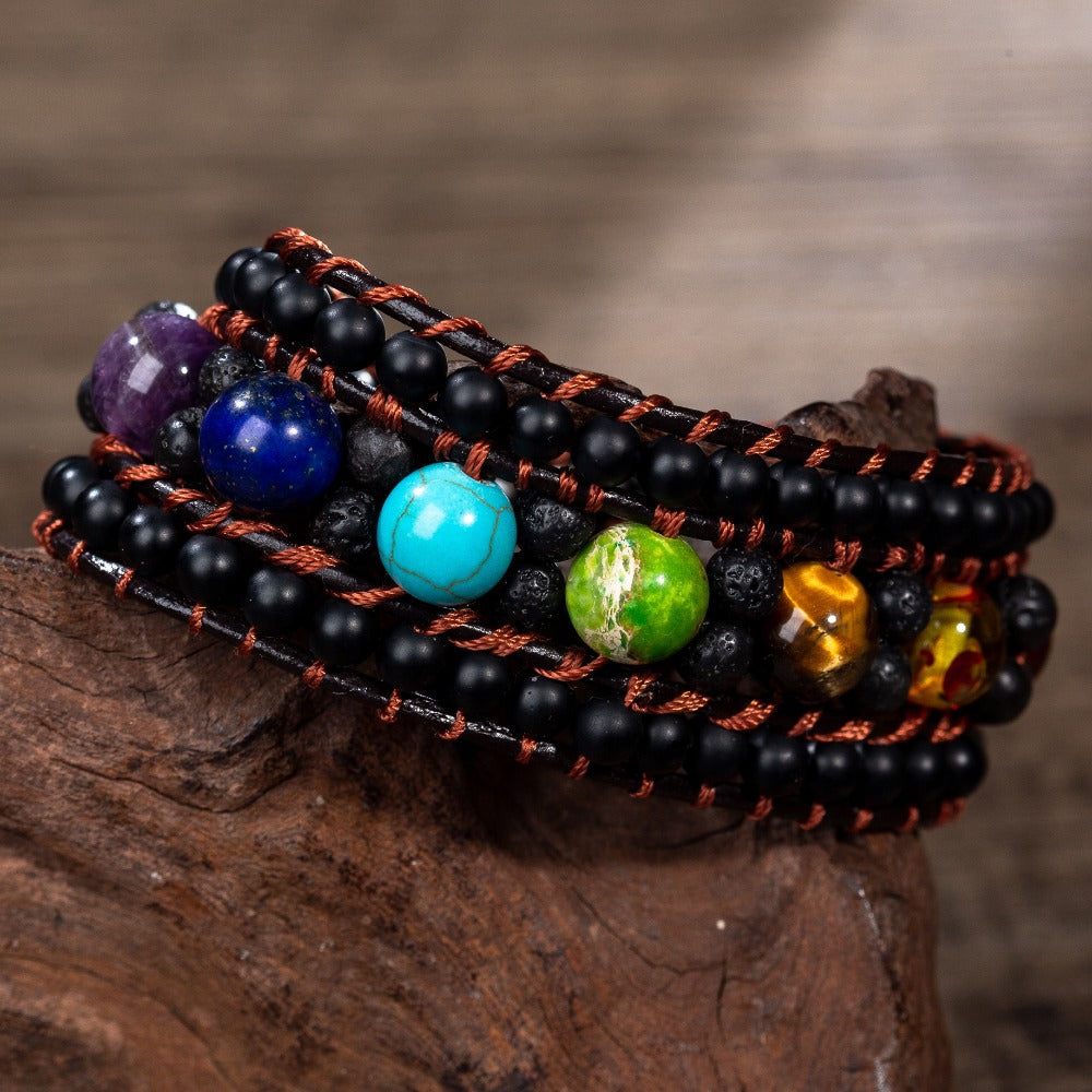 Volcanic Lava Stone Seven Chakra Meditation Bracelet Frosted Agate Handmade Beads