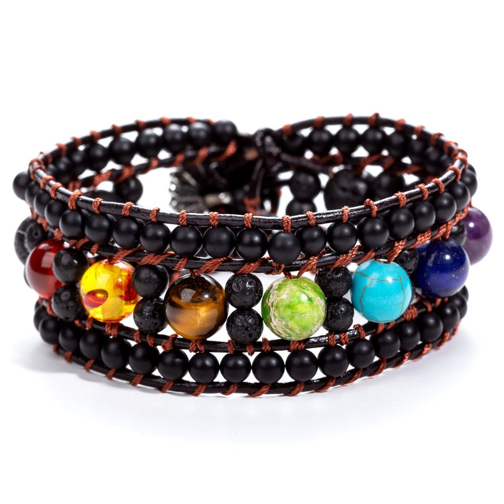 Volcanic Lava Stone Seven Chakra Meditation Bracelet Frosted Agate Handmade Beads