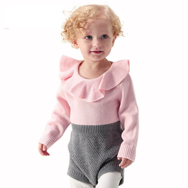 Thalia  Ruffled Romper Spring and Autumn Girl Baby Baby Doll Collar Knitted Knitted Bodysuit