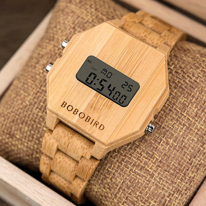 Bobo Bird Men's Bamboo Digital Wrist Watch Night Vision Lcd Unique Display