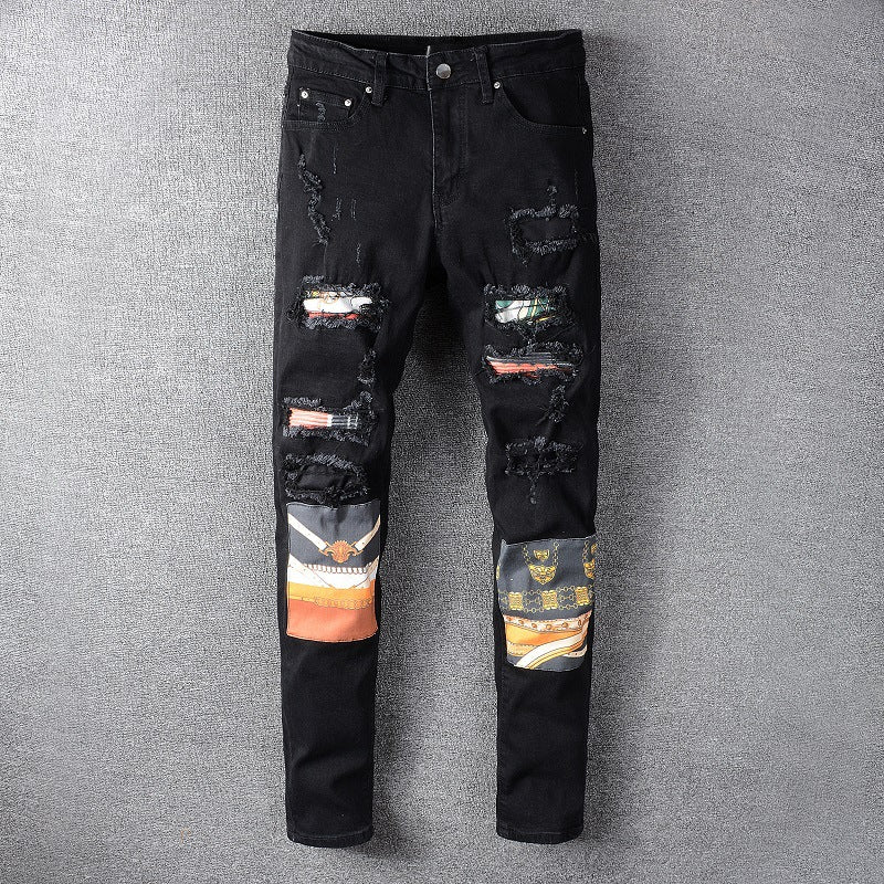 Men's Korean High Street Personality Black Hole Patch Denim Men's Low-Waist Slim Feet Denim