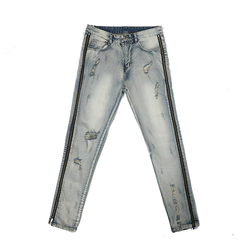 Washed And Worn Side Zipper Slim-Fit Stretch-Leg Jeans