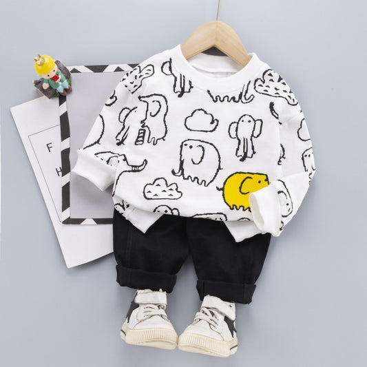 Spring And Autumn Models 0-4 Years Old Boys And Children Full Print Elephant Print Cartoon Suit