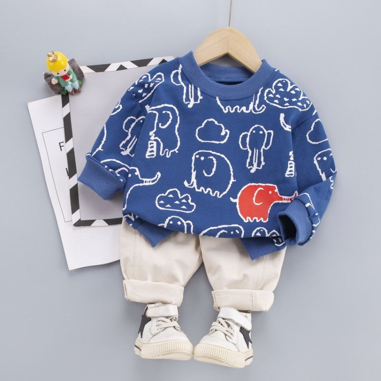 Spring And Autumn Models 0-4 Years Old Boys And Children Full Print Elephant Print Cartoon Suit