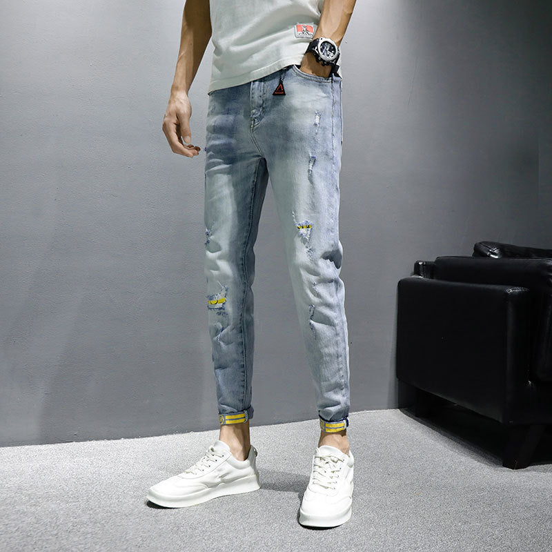 Men's Slim-fit Small-foot Casual Pierced Trendy Nine-point Pants