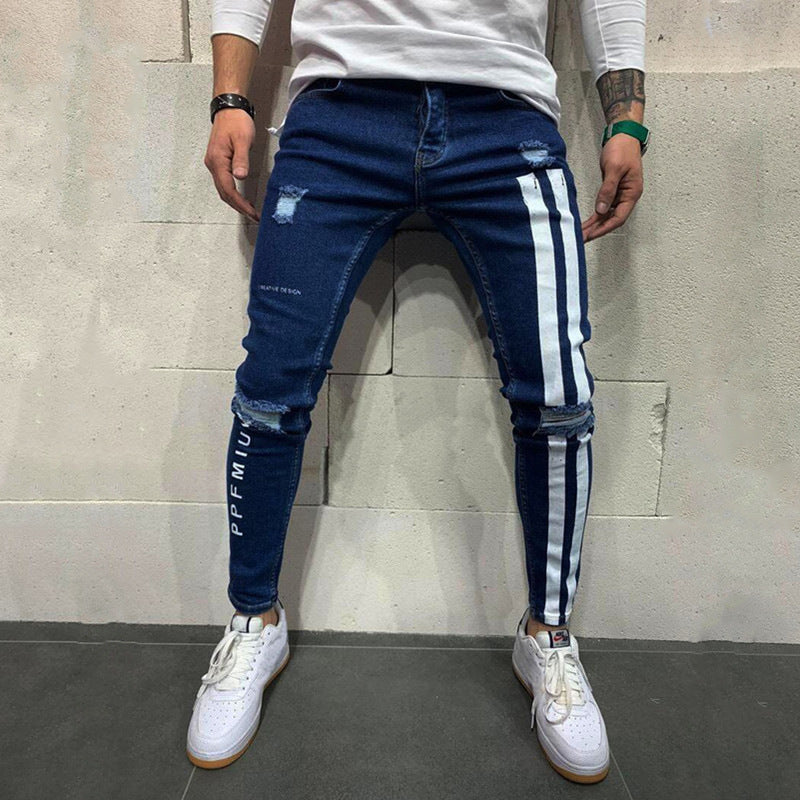 Men's Skinny Denim Patch Ripped Feet Pants