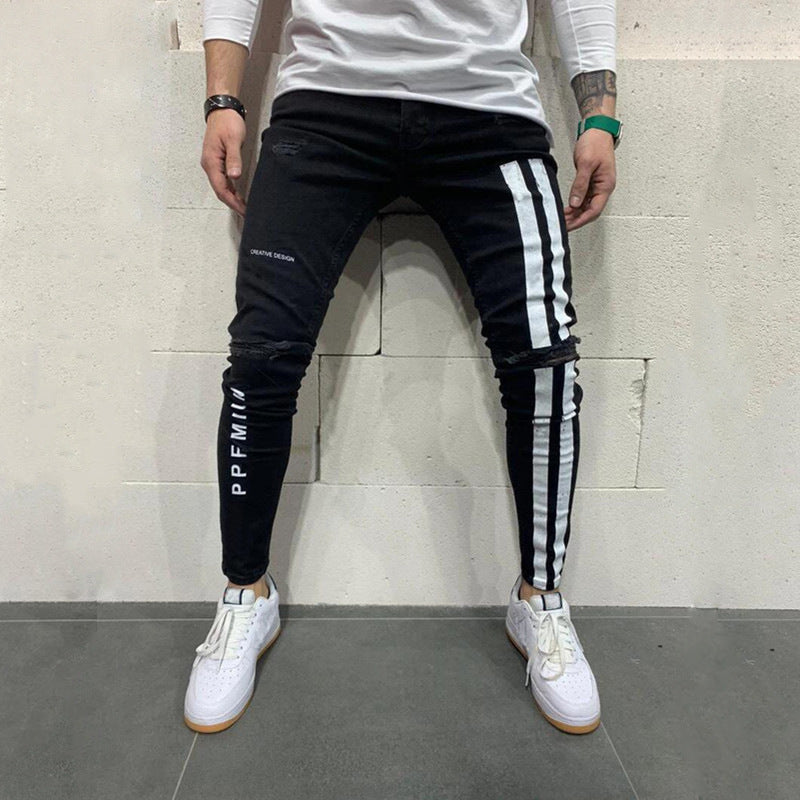 Men's Skinny Denim Patch Ripped Feet Pants