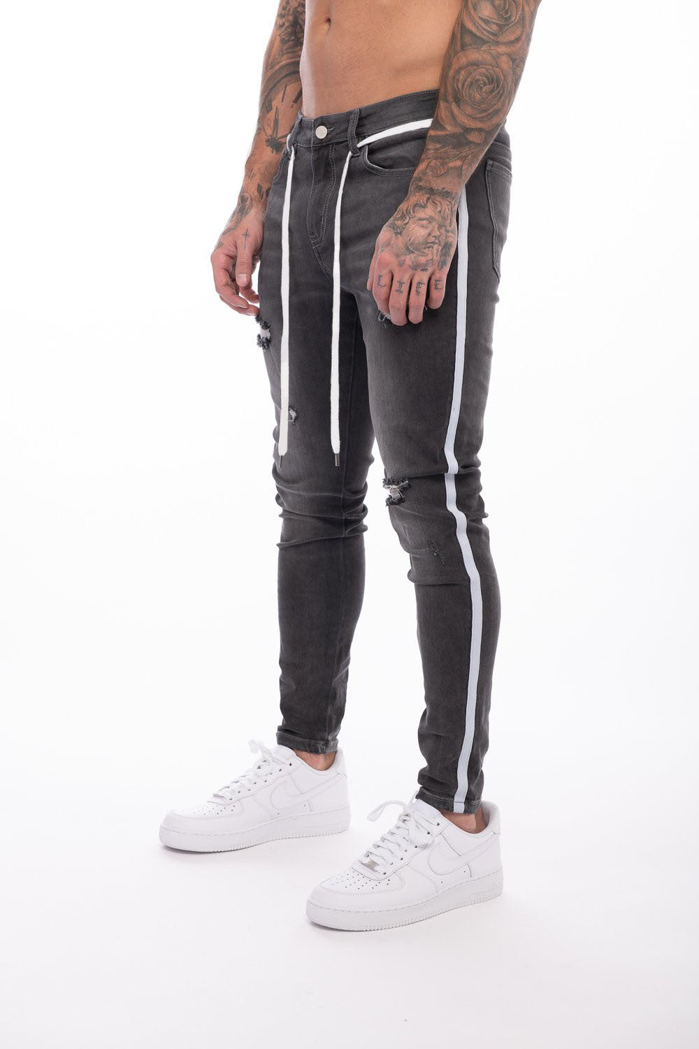 Men's Skinny Denim Patch Ripped Feet Pants