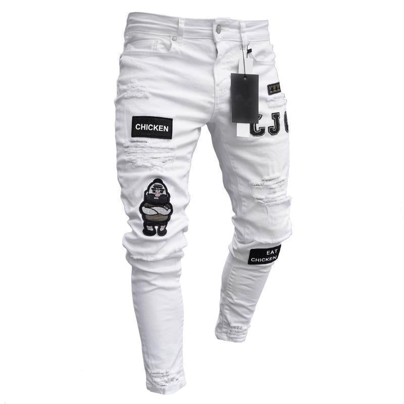 Men's Skinny Denim Patch Ripped Feet Pants