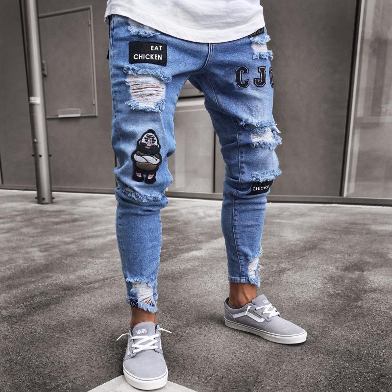 Men's Skinny Denim Patch Ripped Feet Pants