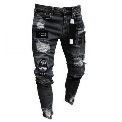 Men's Skinny Denim Patch Ripped Feet Pants