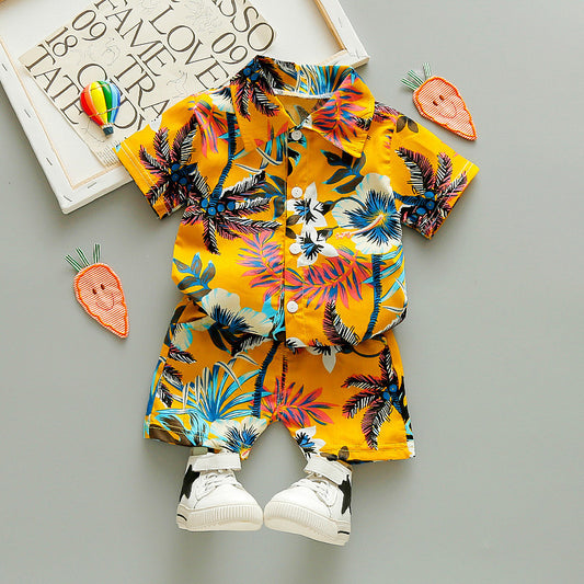 New children's Holiday Style short-sleeved Floral Shirt Suit Cardigan Beach Shorts Two-Piece Suit