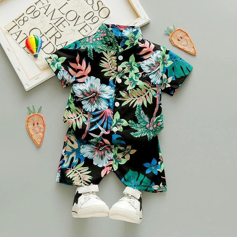 New children's Holiday Style short-sleeved Floral Shirt Suit Cardigan Beach Shorts Two-Piece Suit