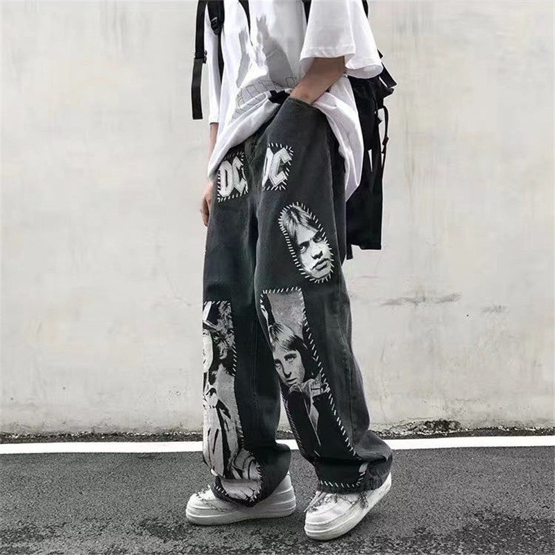 Patch Patch Oversize Straight-leg Jeans High Street Fashion Brand Wide-leg Pants