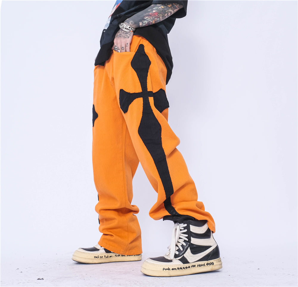 Cross Patch Embroidery Casual Pants Men's Hip-Hop High Street Fashion Brand Loose Straight Leg Pants Street Trend Trousers