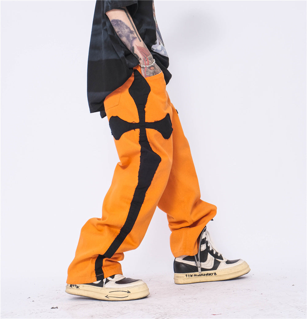 Cross Patch Embroidery Casual Pants Men's Hip-Hop High Street Fashion Brand Loose Straight Leg Pants Street Trend Trousers