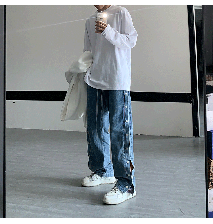 Cashew Flower Stitching Breasted Washed Jeans Loose Casual Drawstring Straight Trousers For Men And Women