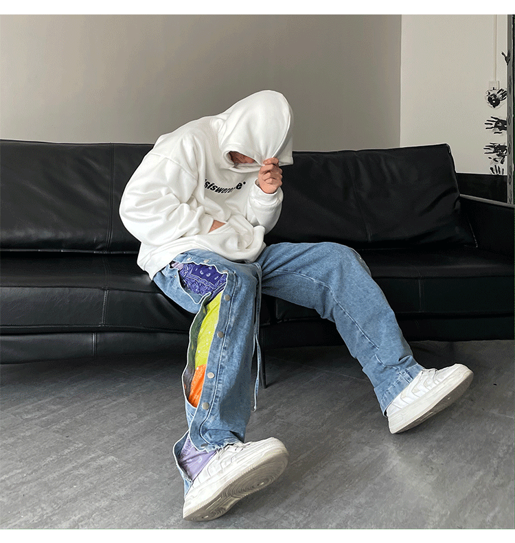 Cashew Flower Stitching Breasted Washed Jeans Loose Casual Drawstring Straight Trousers For Men And Women