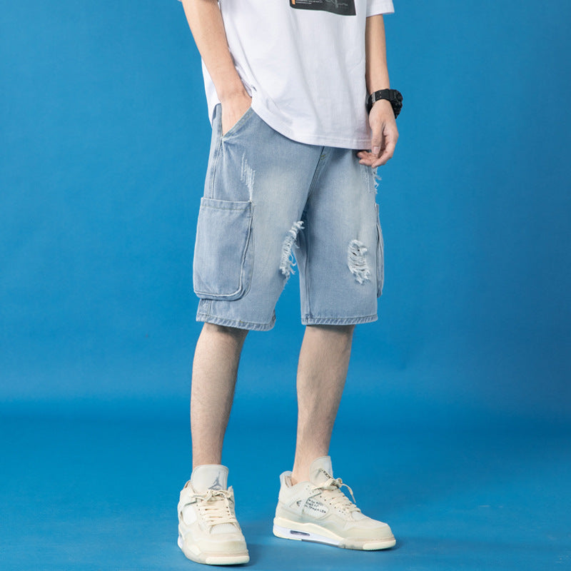 Ripped Straight Jeans Youth Fashion Personality Loose Five-Point Pants Summer Handsome Shorts Tide