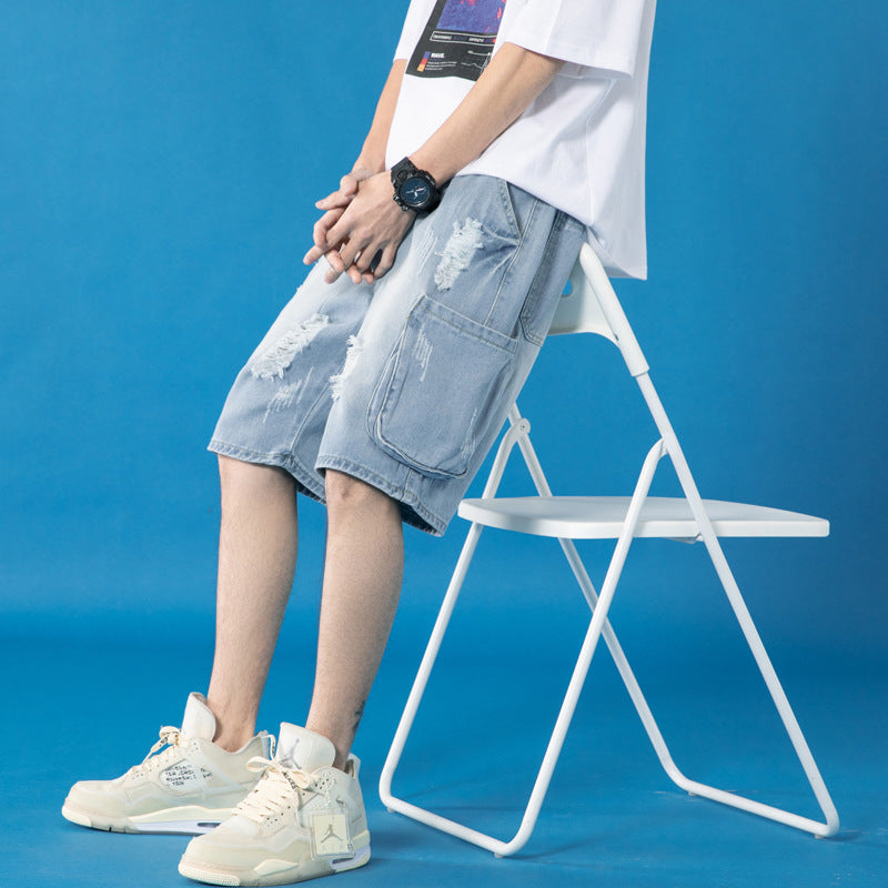 Ripped Straight Jeans Youth Fashion Personality Loose Five-Point Pants Summer Handsome Shorts Tide