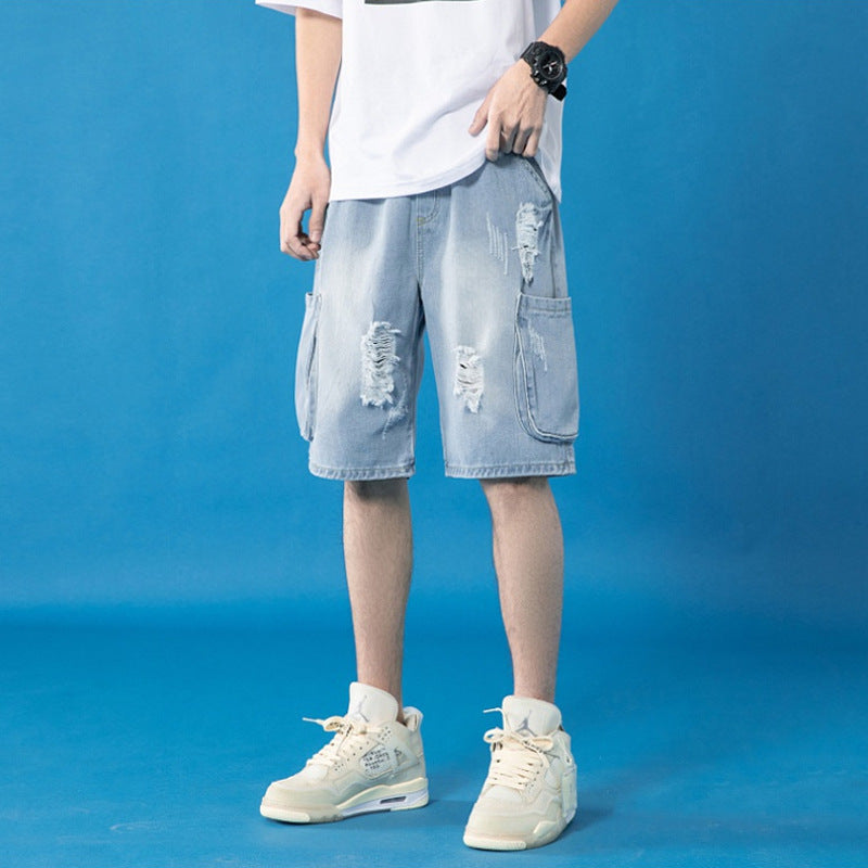 Ripped Straight Jeans Youth Fashion Personality Loose Five-Point Pants Summer Handsome Shorts Tide