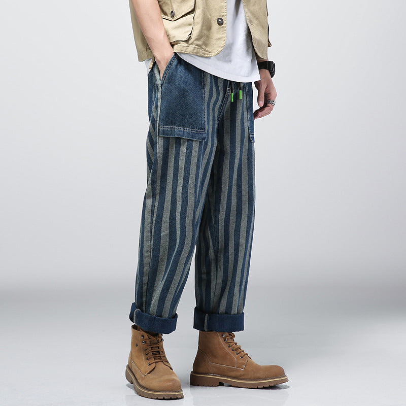 Jeans Male Ins Trend Loose Wide-leg Daddy Casual Wild Straight Striped Trousers