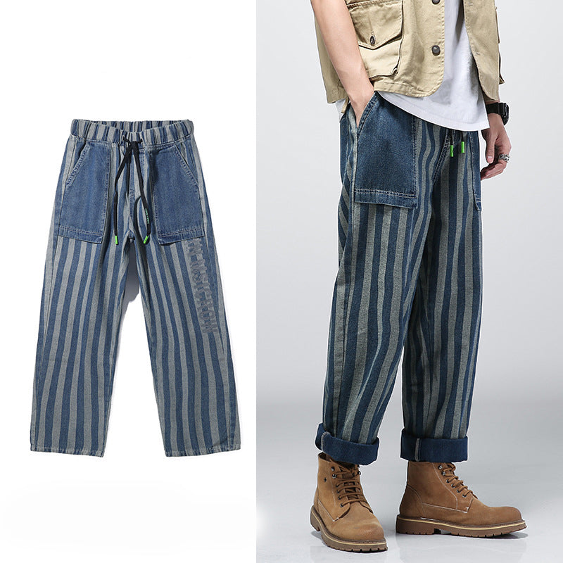 Jeans Male Ins Trend Loose Wide-leg Daddy Casual Wild Straight Striped Trousers