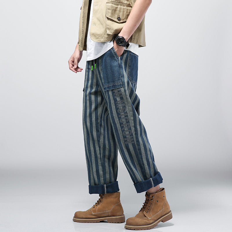 Jeans Male Ins Trend Loose Wide-leg Daddy Casual Wild Straight Striped Trousers