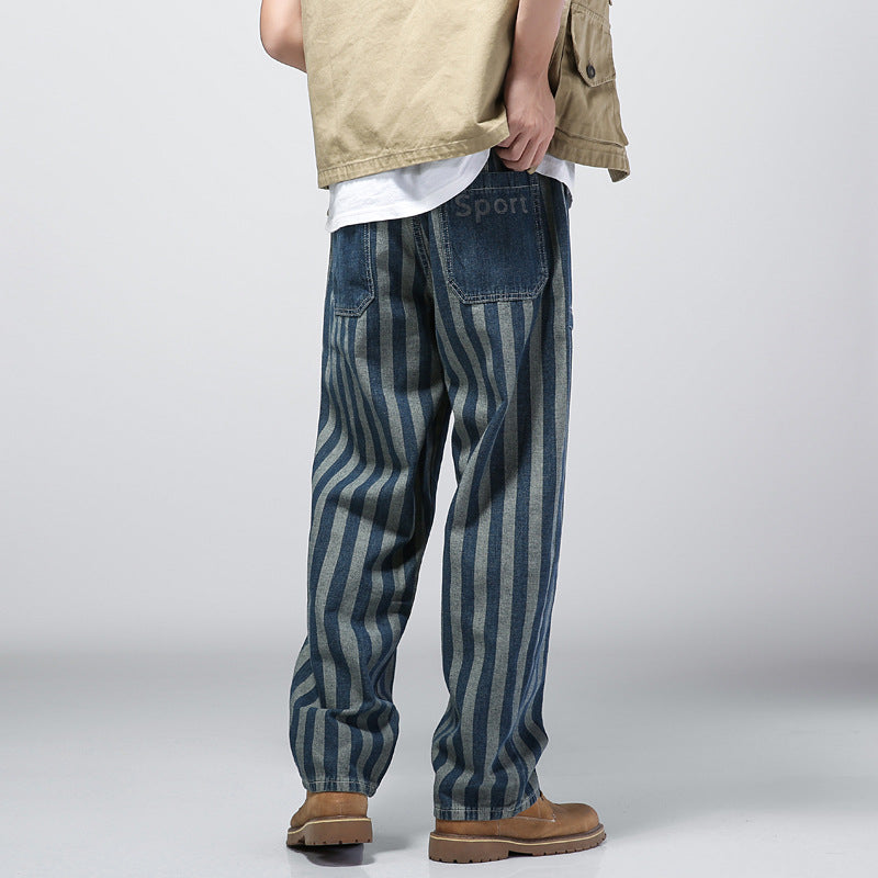 Jeans Male Ins Trend Loose Wide-leg Daddy Casual Wild Straight Striped Trousers