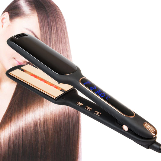 Cross-Border Exclusively For Lcd Display Infrared Hair Care Straightener Black Wide Plate Hair Straightener 