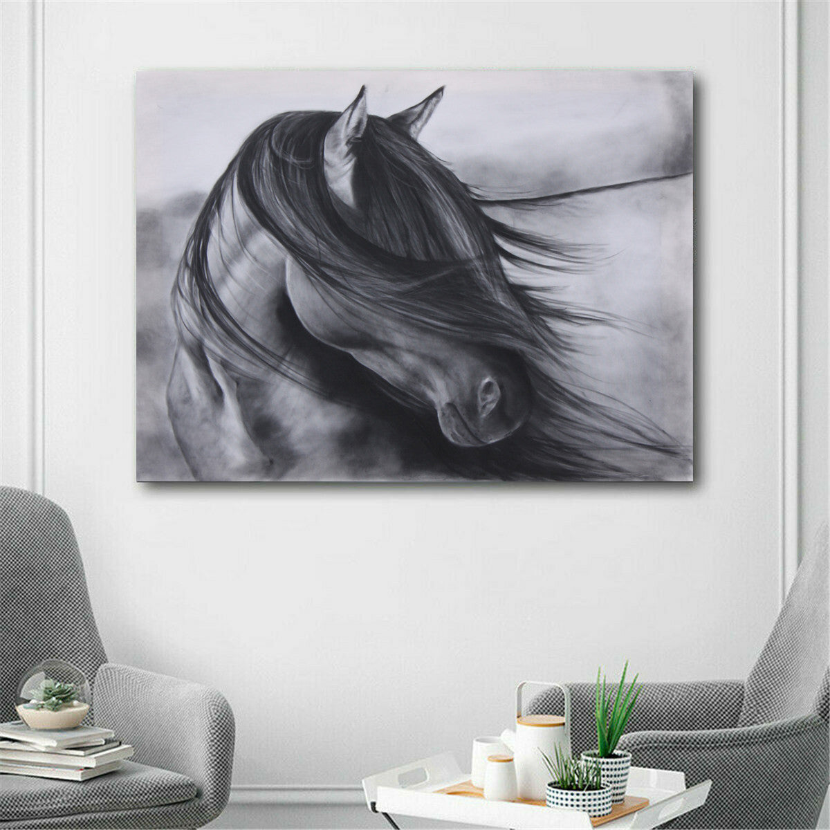 Nordic Decorative Painting Black And White Horses Horses Animal Photography Paintings Living Room Spray Painting Core