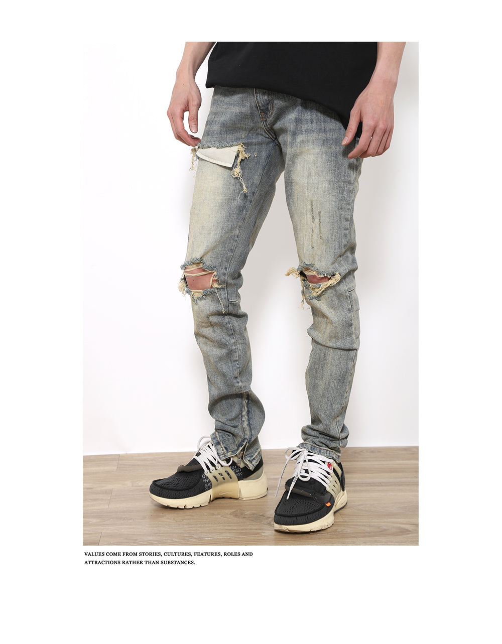 Ripped Jeans Fog American Street Washed Slim Fit Feet Tight Long Pants Ins Tide