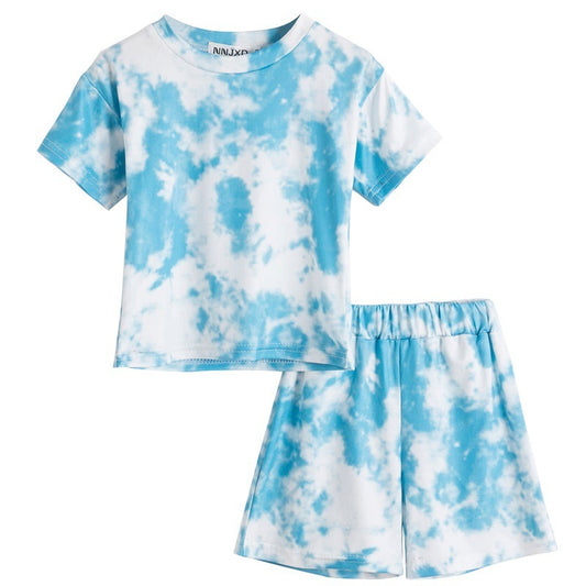 Summer Printing And Dyeing Round Neck Blouse And Shorts Two-Piece Sports Style