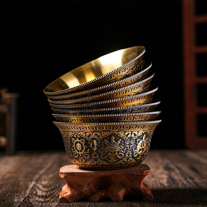 Water Supply Bowl, Pure Copper For Buddha Cup, Tibetan Tantric Eight Auspicious Buddha Front Holy Water Cup