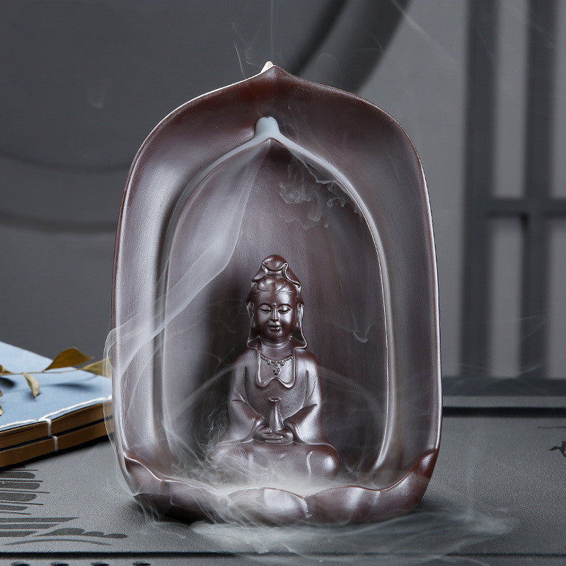 Guanyin Sitting Lotus Back Flow Incense Burner Ceramics For Buddha At Home