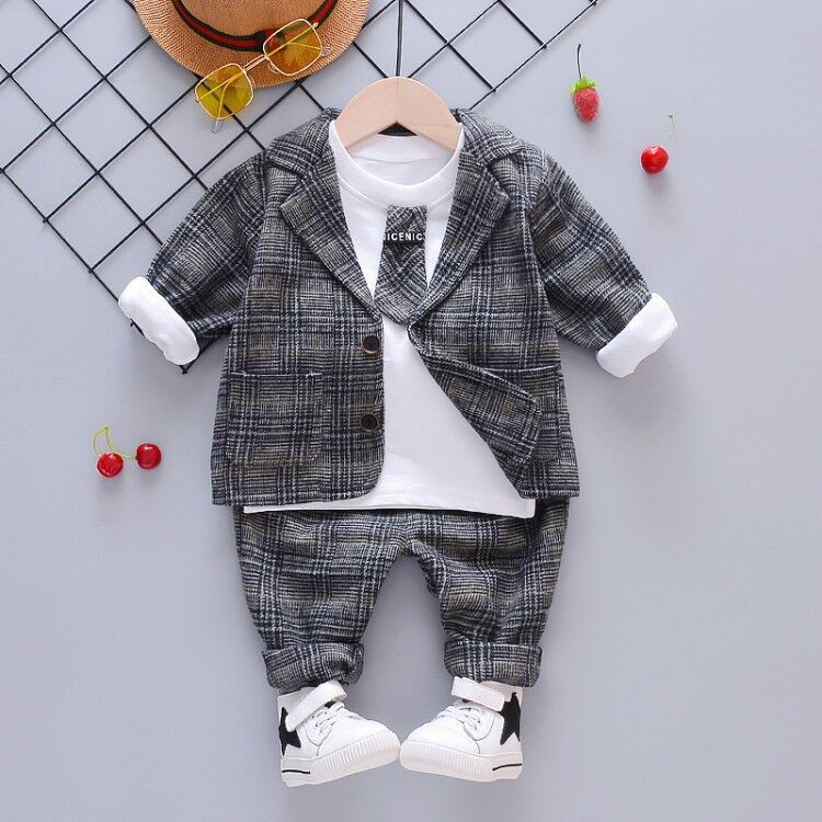 Three-Piece Childrens Clothing For Spring And Autumn Korean Plaid Small Suit