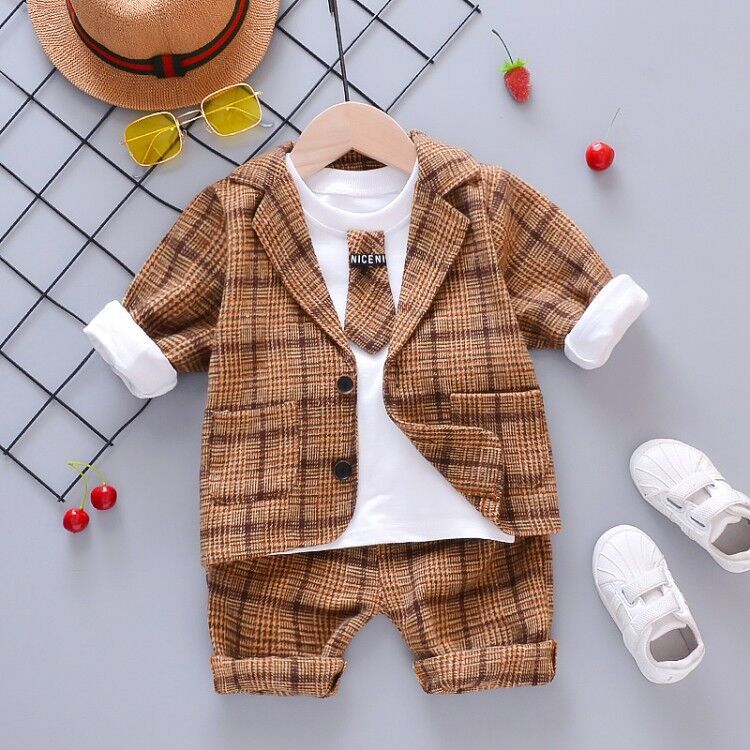 Three-Piece Childrens Clothing For Spring And Autumn Korean Plaid Small Suit