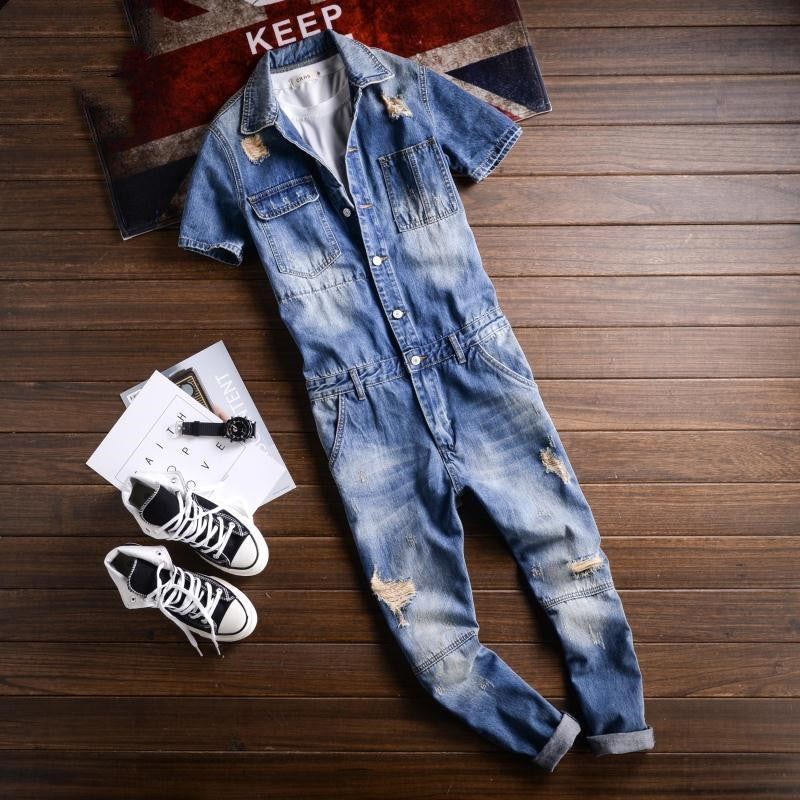 Trendy Men's One-piece Overalls Men's Retro Washed Ripped Jeans