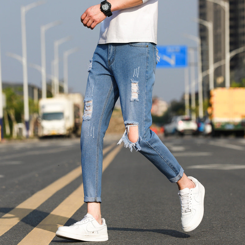 Spring and Summer Men's Ripped Slim-fit Jeans