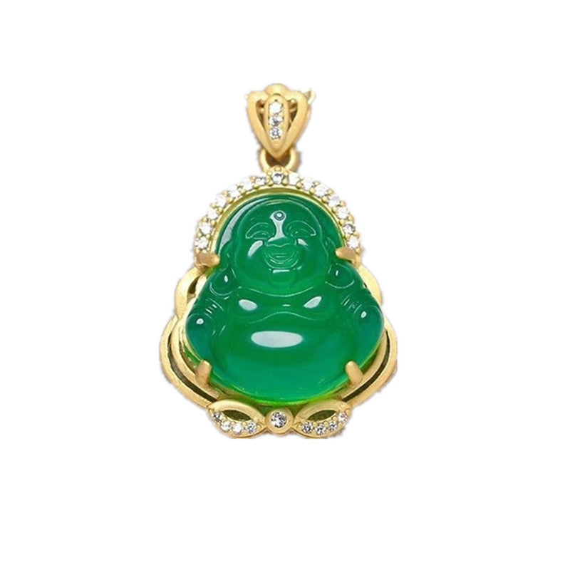 Brazil Green Agate S925 Silver Inlaid Maitreya Buddha Pendant