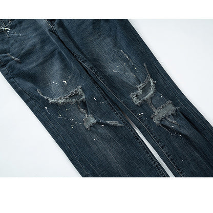 Slim Destruction Trousers For Men And Women With Paint Splashing High Street Tide Couple Jeans