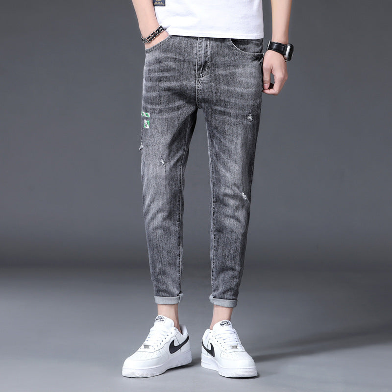 Men's Jeans With Printed Ripped Feet Pants