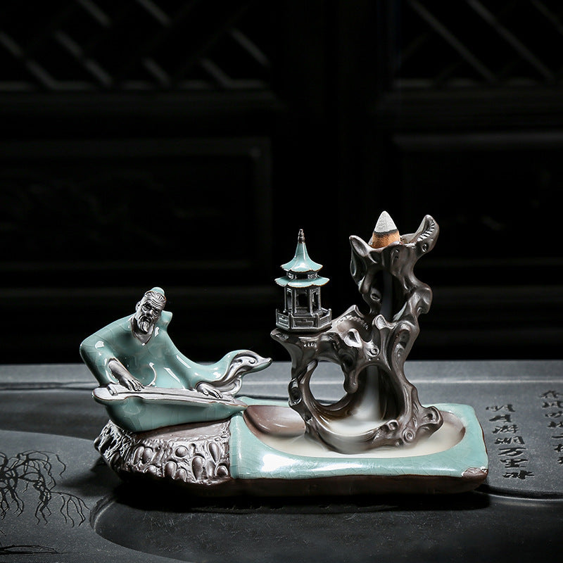 Ge Kiln Backflow Incense Burner Zen Ceramic Creative Tea Table Decoration Indoor Pan Incense Burner Incense Stick Incense Seat Sandalwood Incense Burner