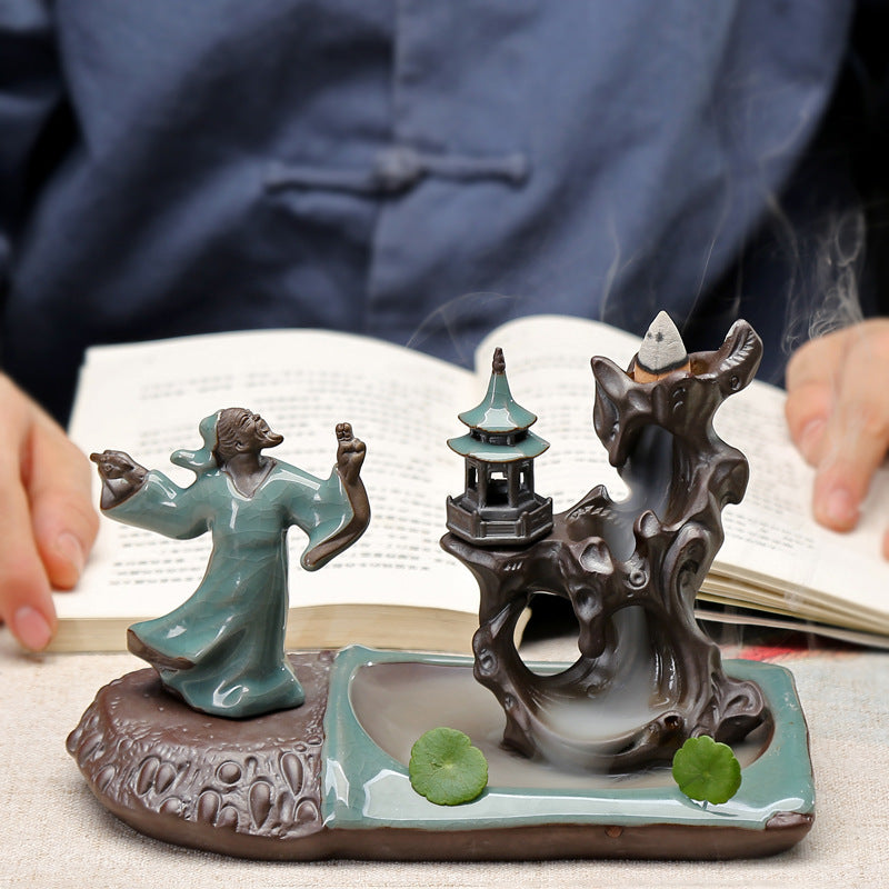 Ge Kiln Backflow Incense Burner Zen Ceramic Creative Tea Table Decoration Indoor Pan Incense Burner Incense Stick Incense Seat Sandalwood Incense Burner