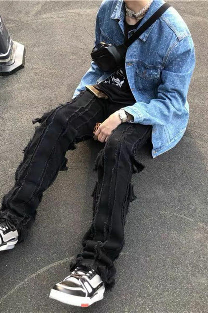 Seventy-Seventh Team Hip-Hop Fringed Fringe Washed Destruction Jeans Male Vibe Long Pants Tide Paradoxe