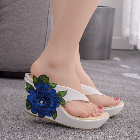 White Plus Size Wedge Heel Sandals Beach Flip Flops Bohemian Flower Sandals Women'S Foreign Trade Plus Size Shoes 