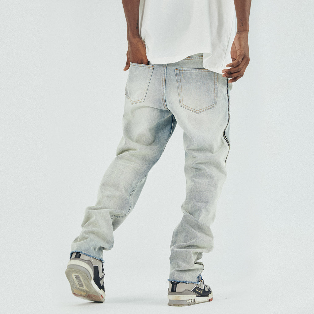 Raw Edge Washed Blue Side Bone Zipper Straight Jeans High Street Tide Brand Wild Summer