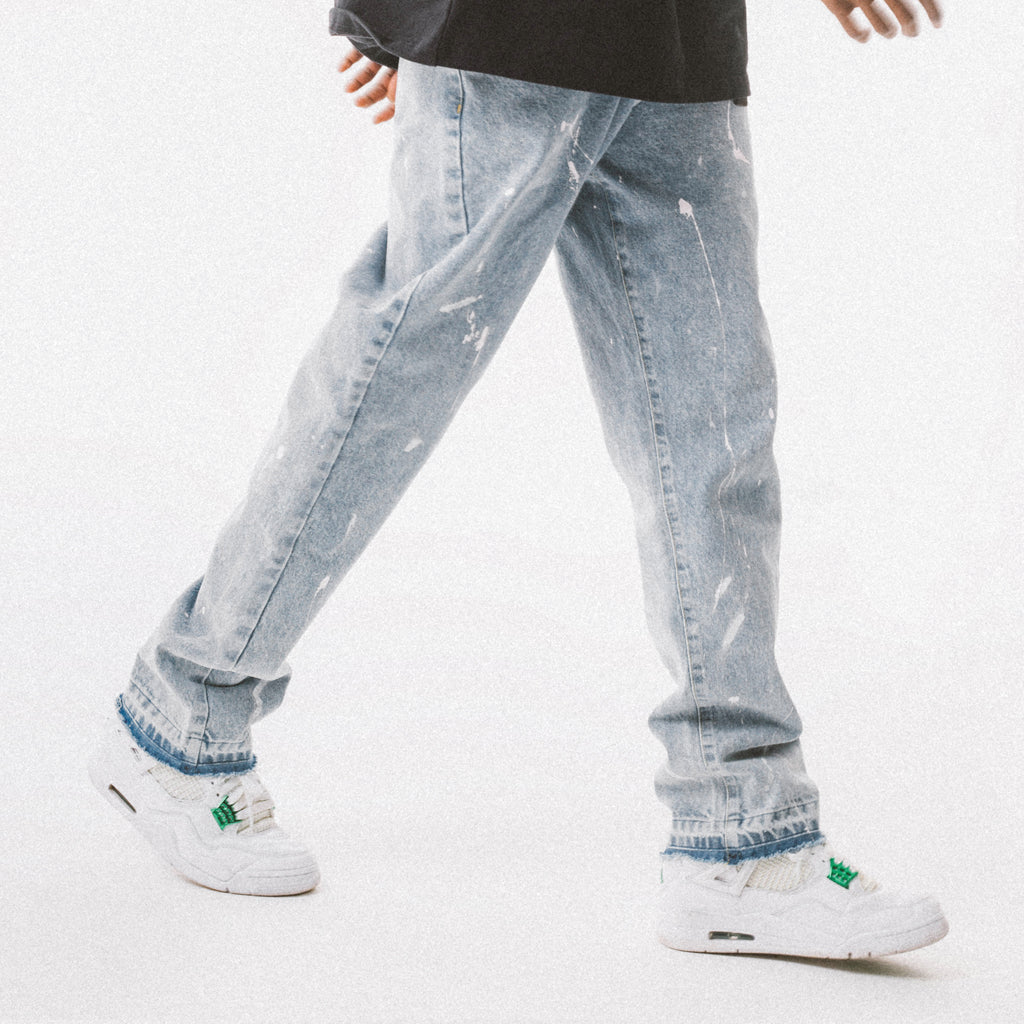 Trendy Street Distressed Rough Blue Straight-Leg Jeans With Broken Ink