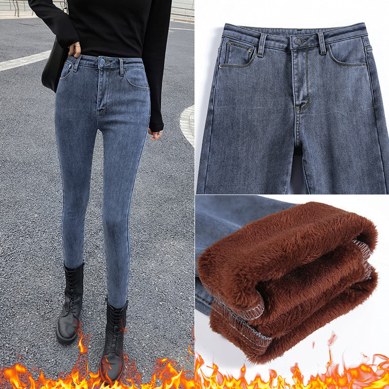 Fleece Jeans Women'S High Waist  Outer Wear With Fleece Thickening Heat And Thin Tight Feet Pants